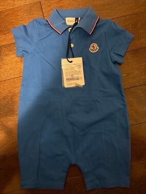 Moncler Blue Polo One-Piece with Tricolor Collar